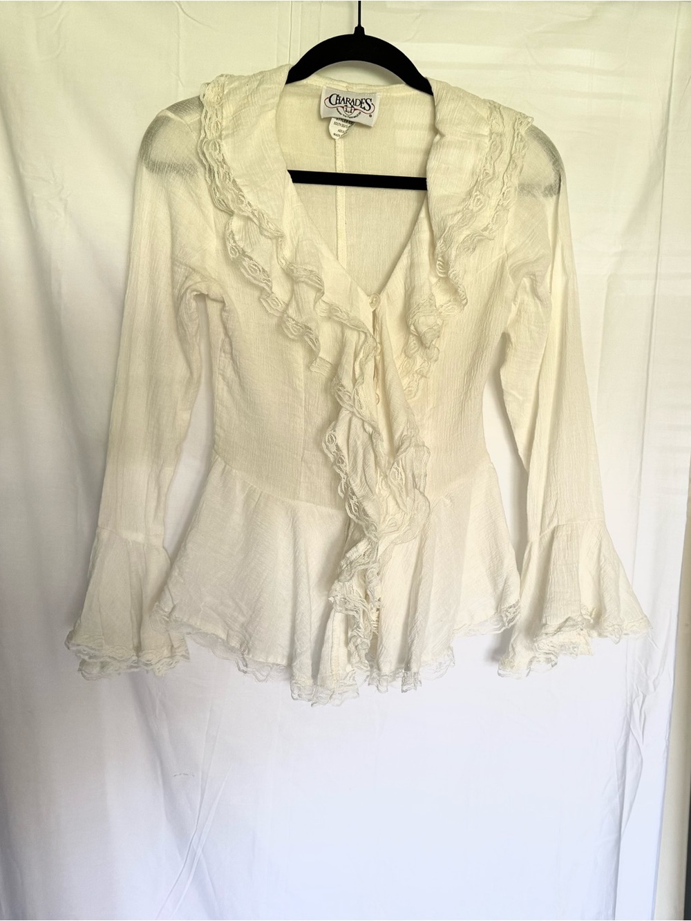 Cream Ruffle-Front Long-Sleeve Top Size XS